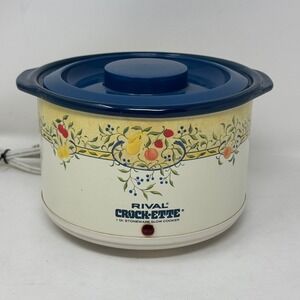 Rival Crock-Ette 1 Qt Stoneware Slow Cooker Fruit Pattern Blue Model Vtg Kitchen